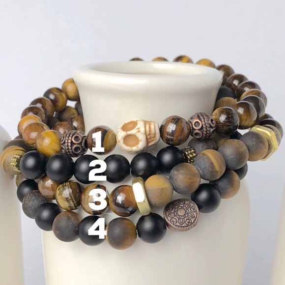 Mens Tiger Eye Onyx Skull Beaded Bracelets - Picture 6 of 6